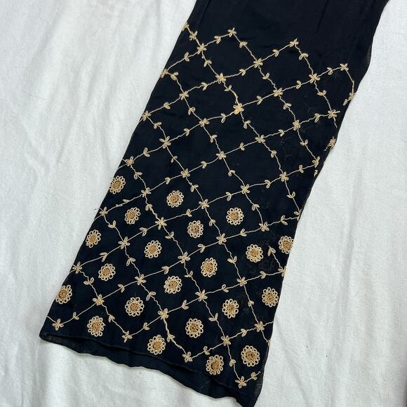 Mesh Floral Embroidered Salwar Pants Sheer Mesh Black Tan Elastic Waist Bohemian - Picture 3 of 6